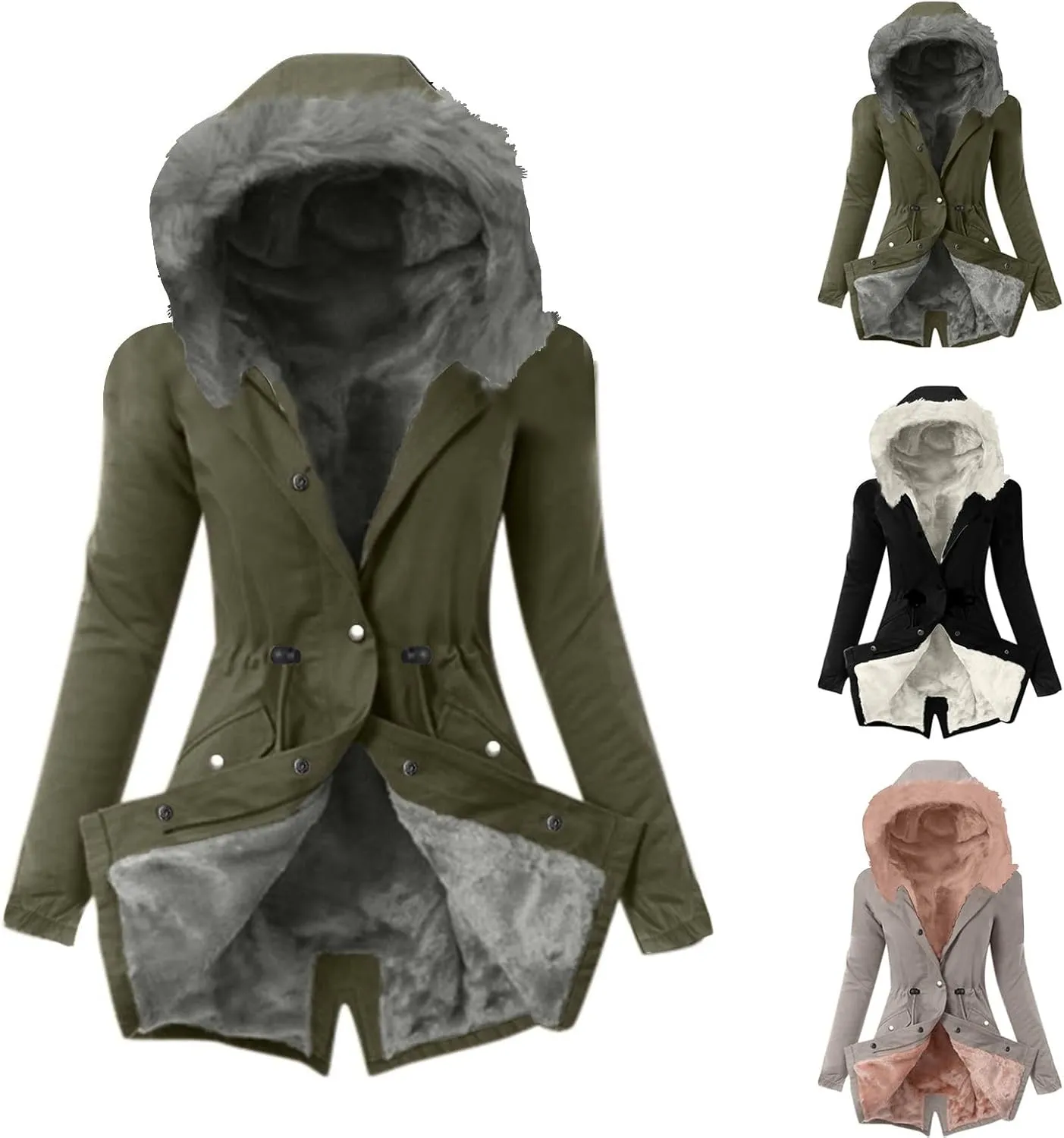 Qeaghou Fleece Lined Winter Coats for Women Warm Trench Coat Furry Windbreaker Ski Jacket Fuzzy Solid Jacket with Hood