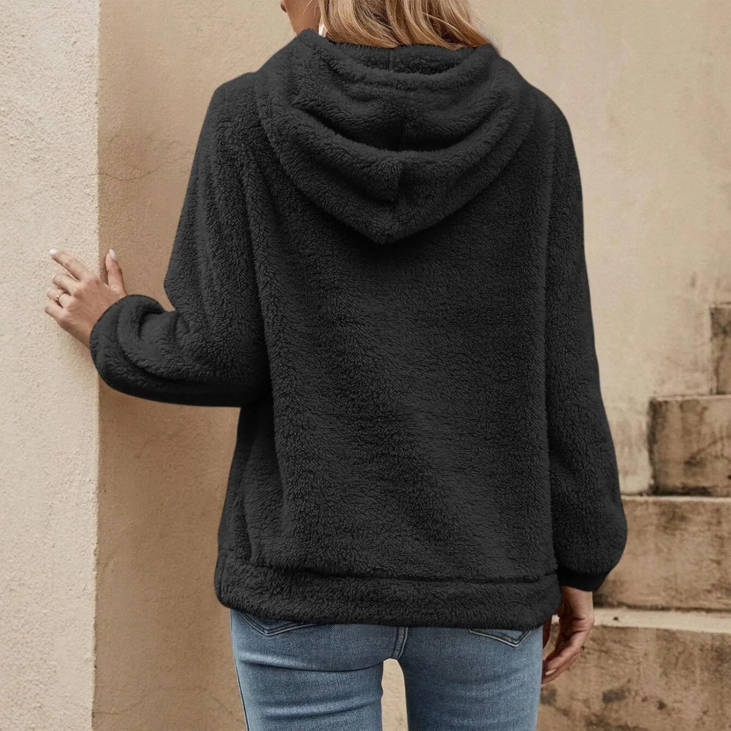 Quarter Zip Pullover Women Comfy Warm Sherpa Fleece Hooded Sweatshirts Ladies 1/4 Zip Winter Sweaters Outwear