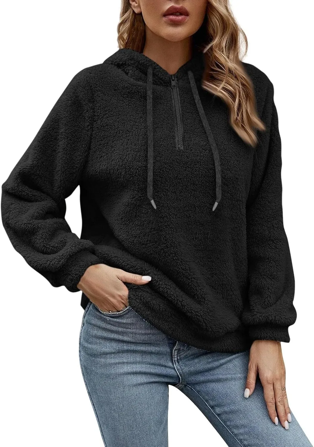 Quarter Zip Pullover Women Comfy Warm Sherpa Fleece Hooded Sweatshirts Ladies 1/4 Zip Winter Sweaters Outwear