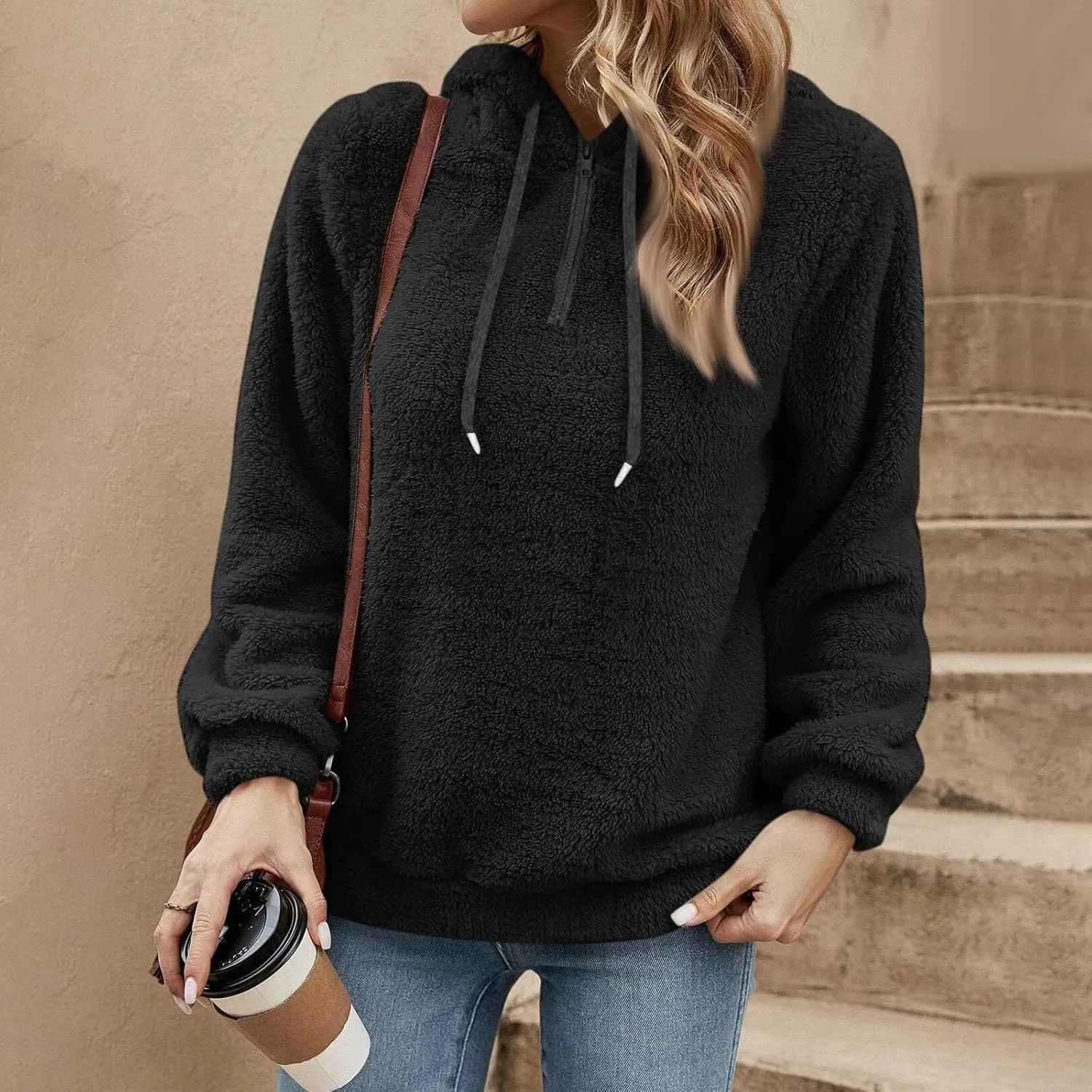Quarter Zip Pullover Women Comfy Warm Sherpa Fleece Hooded Sweatshirts Ladies 1/4 Zip Winter Sweaters Outwear