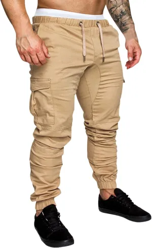 QWENTMTNTY Mens Cargo Pants Casual Elastic Waist Slim Fit Workout Joggers Big Tall Outdoor Hiking Cotton Sweatpants Pockets
