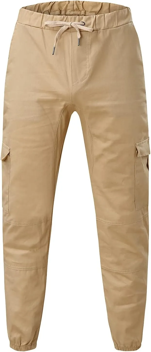 QWENTMTNTY Mens Cargo Pants Casual Elastic Waist Slim Fit Workout Joggers Big Tall Outdoor Hiking Cotton Sweatpants Pockets