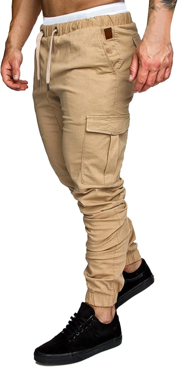 QWENTMTNTY Mens Cargo Pants Casual Elastic Waist Slim Fit Workout Joggers Big Tall Outdoor Hiking Cotton Sweatpants Pockets