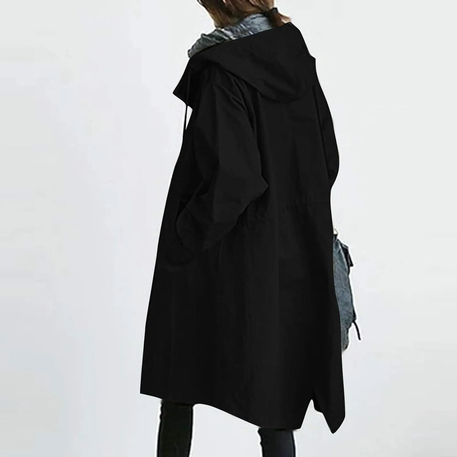QWENTMTNTY Plus Size Trench Coats for Women Oversized Hooded Long Jackets Casual Fashion Single-Breasted Peacoat Overcoat