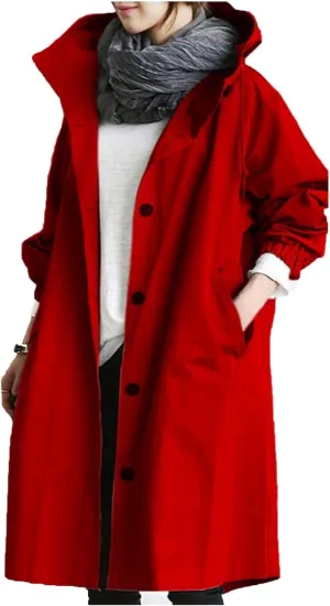 QWENTMTNTY Plus Size Trench Coats for Women Oversized Hooded Long Jackets Casual Fashion Single-Breasted Peacoat Overcoat