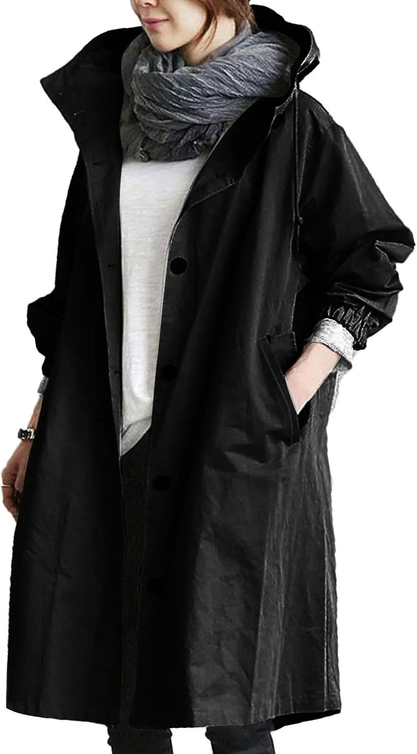 QWENTMTNTY Plus Size Trench Coats for Women Oversized Hooded Long Jackets Casual Fashion Single-Breasted Peacoat Overcoat