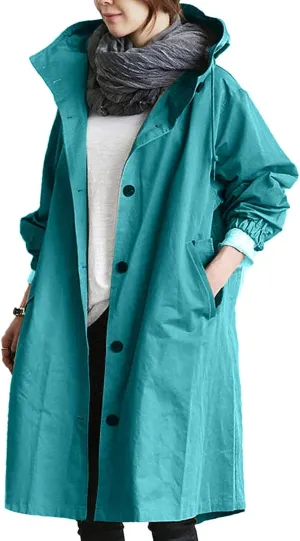 QWENTMTNTY Plus Size Trench Coats for Women Oversized Hooded Long Jackets Casual Fashion Single-Breasted Peacoat Overcoat