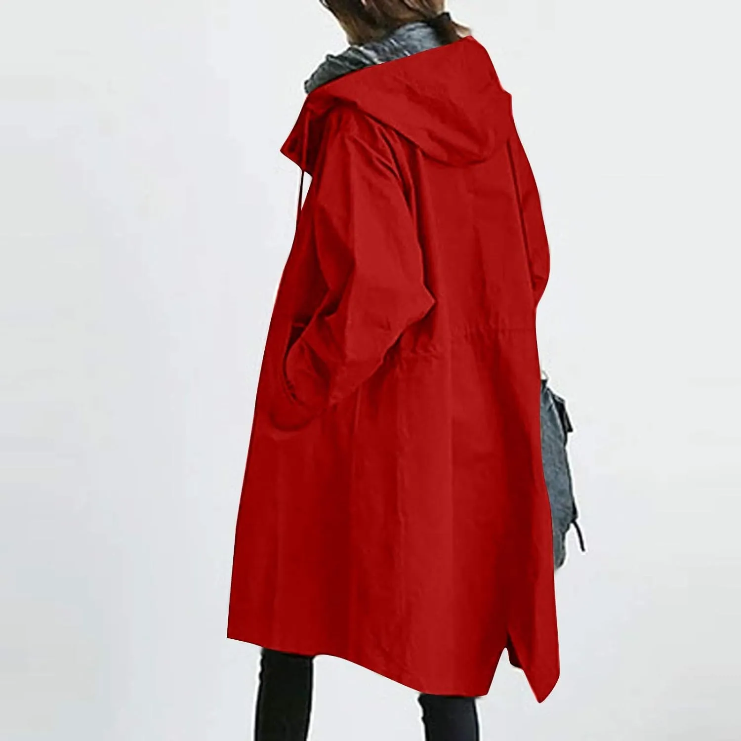 QWENTMTNTY Plus Size Trench Coats for Women Oversized Hooded Long Jackets Casual Fashion Single-Breasted Peacoat Overcoat