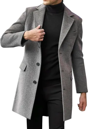 QWENTMTNTY Wool Pea Coats for Men Winter Slim Fit Casual Single Breasted Trench Coat Mid-Length Thermal Business Peacoat
