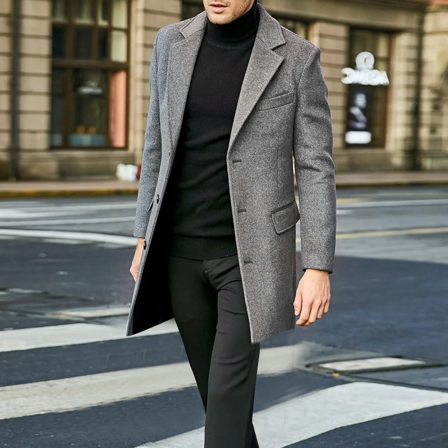 QWENTMTNTY Wool Pea Coats for Men Winter Slim Fit Casual Single Breasted Trench Coat Mid-Length Thermal Business Peacoat