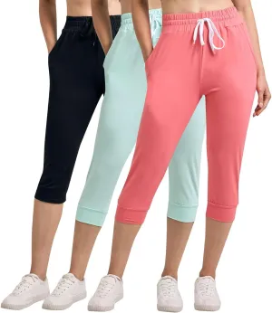 Real Essentials 3-Pack: Women's Ultra Soft Lounge Capri Joggers Sweatpants Athletic Yoga with Pockets(Available in Plus Size)