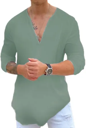 Rela Bota Mens Hawaiian V-Neck Shirt Solid Hippie Shirts Yoga Henley Shirt Beach Wear