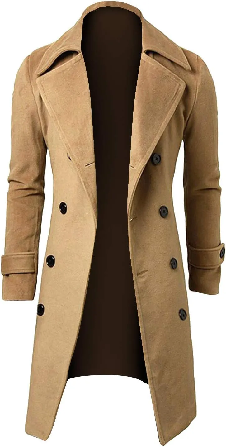 RTRDE Men's Winter Trench Coats Notched Lapel Double Breasted Long Jacket Overcoat Pea Coats Fashion, M-3XL