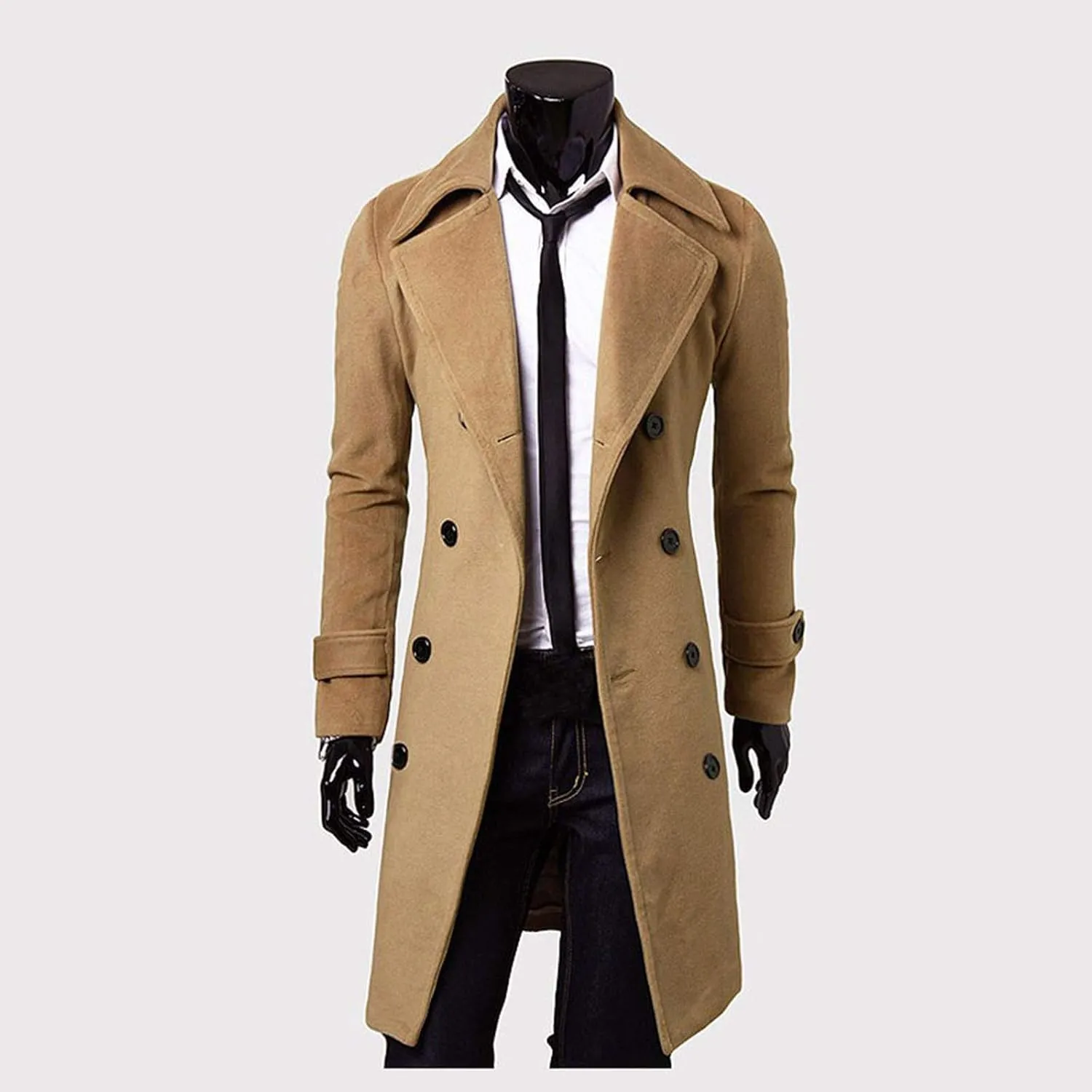 RTRDE Men's Winter Trench Coats Notched Lapel Double Breasted Long Jacket Overcoat Pea Coats Fashion, M-3XL