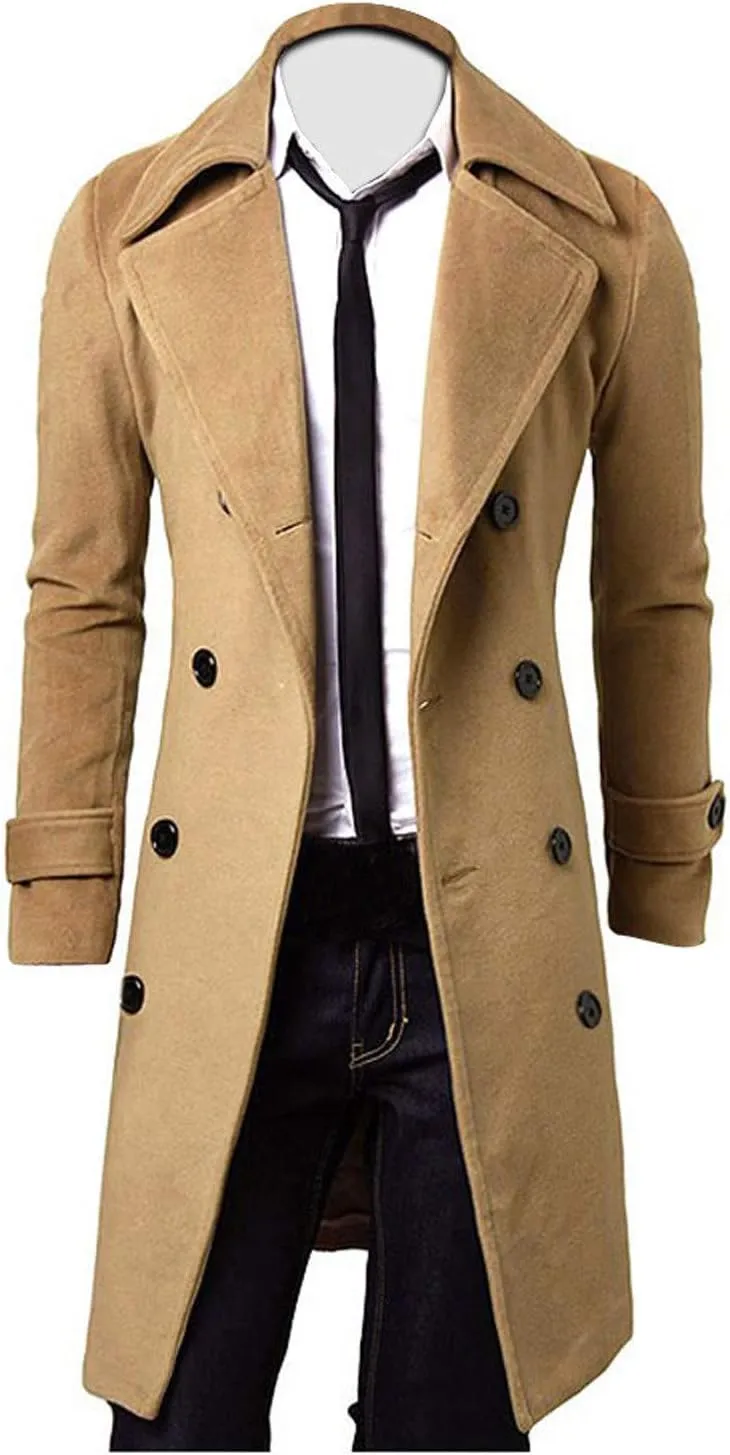 RTRDE Men's Winter Trench Coats Notched Lapel Double Breasted Long Jacket Overcoat Pea Coats Fashion, M-3XL