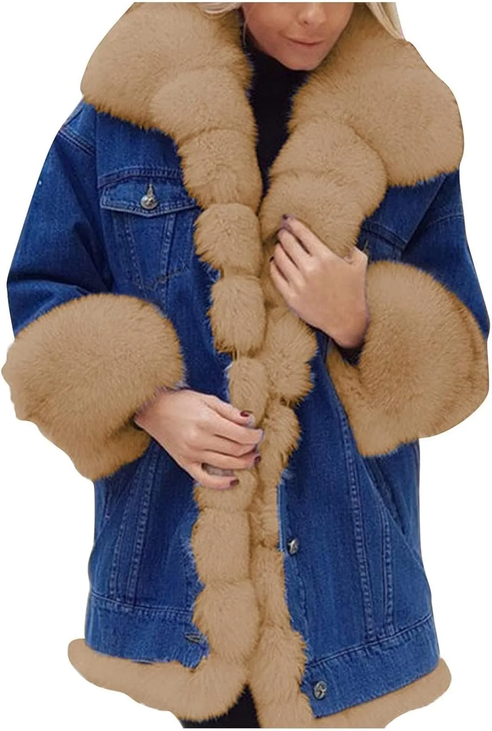 SACFOF Women Faux Fur Coat Denim Winter Thicken Warm Jacket Casual Plus Size Outdoor Overcoat Parka