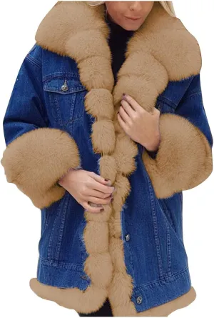 SACFOF Women Faux Fur Coat Denim Winter Thicken Warm Jacket Casual Plus Size Outdoor Overcoat Parka