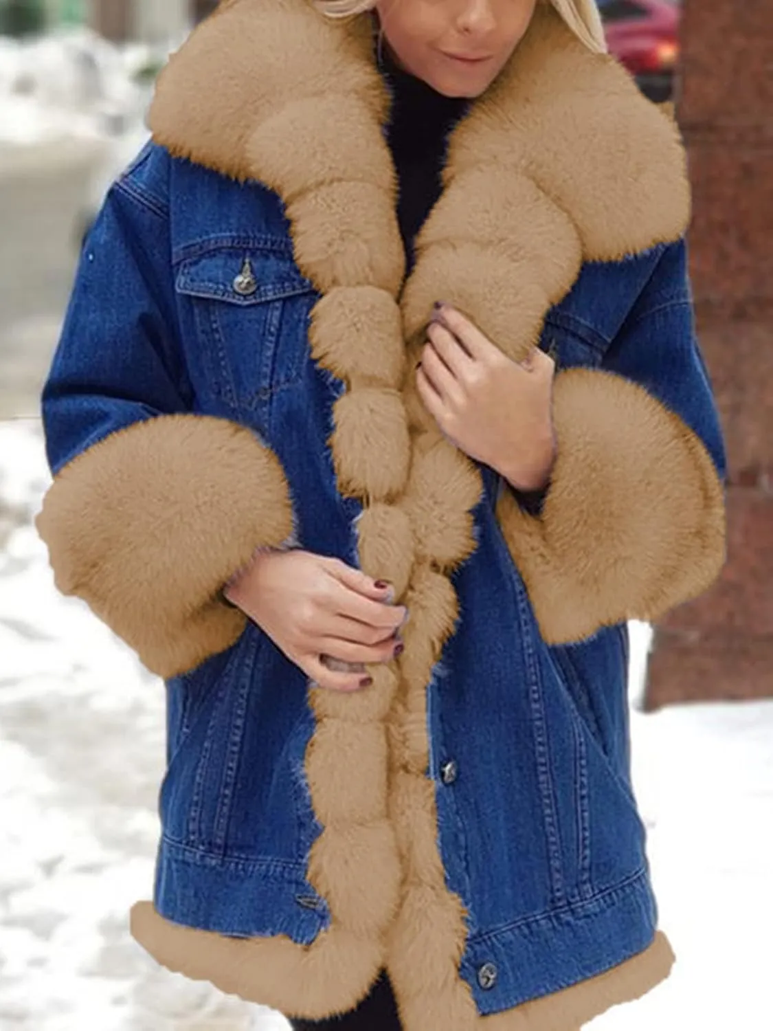 SACFOF Women Faux Fur Coat Denim Winter Thicken Warm Jacket Casual Plus Size Outdoor Overcoat Parka