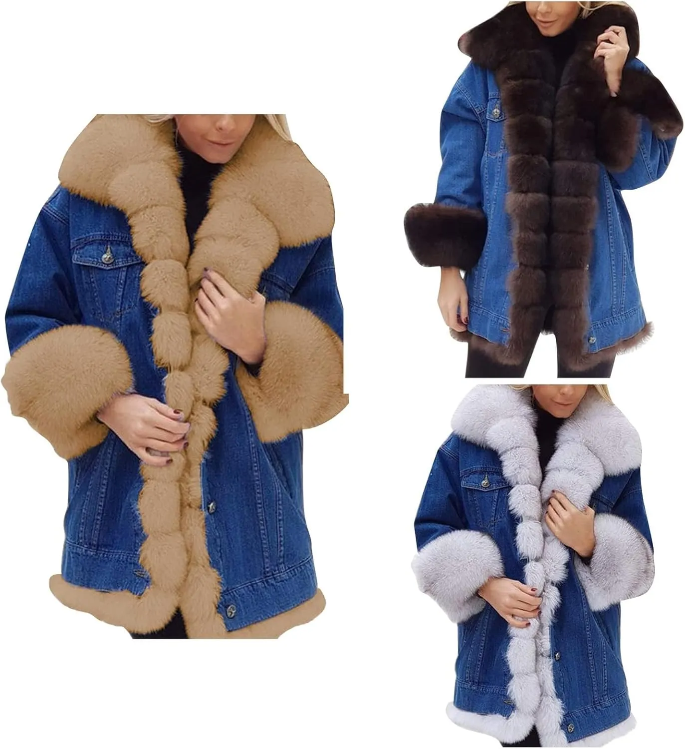 SACFOF Women Faux Fur Coat Denim Winter Thicken Warm Jacket Casual Plus Size Outdoor Overcoat Parka