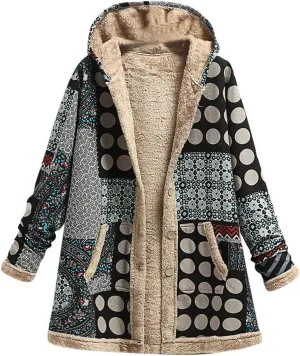 SACFOF Womens Cotton Linen Fluffy Jackets Coats Boho Flowers Floral Print Fleece Lined Hooded Warm Loose Winter Outwear
