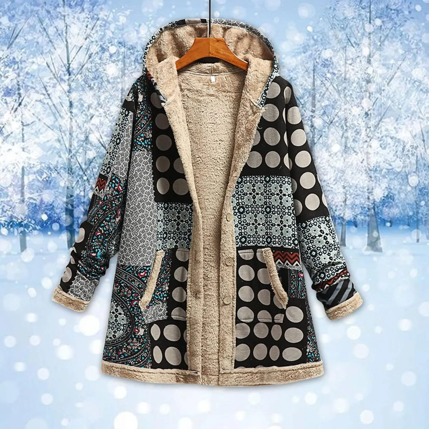 SACFOF Womens Cotton Linen Fluffy Jackets Coats Boho Flowers Floral Print Fleece Lined Hooded Warm Loose Winter Outwear
