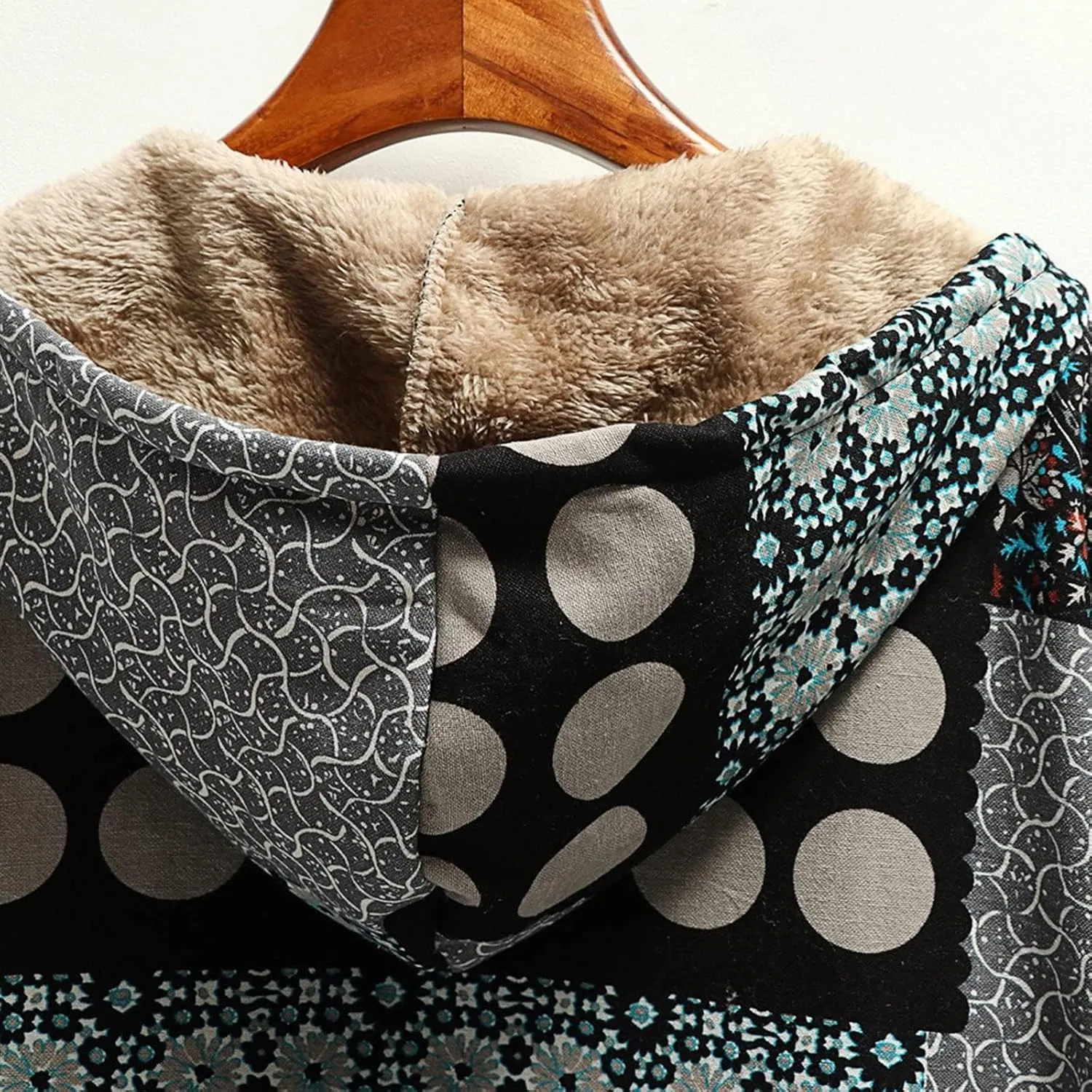 SACFOF Womens Cotton Linen Fluffy Jackets Coats Boho Flowers Floral Print Fleece Lined Hooded Warm Loose Winter Outwear