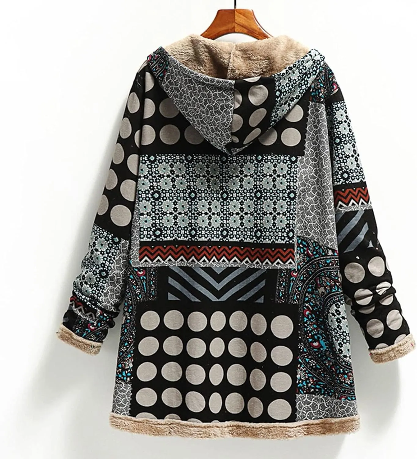 SACFOF Womens Cotton Linen Fluffy Jackets Coats Boho Flowers Floral Print Fleece Lined Hooded Warm Loose Winter Outwear