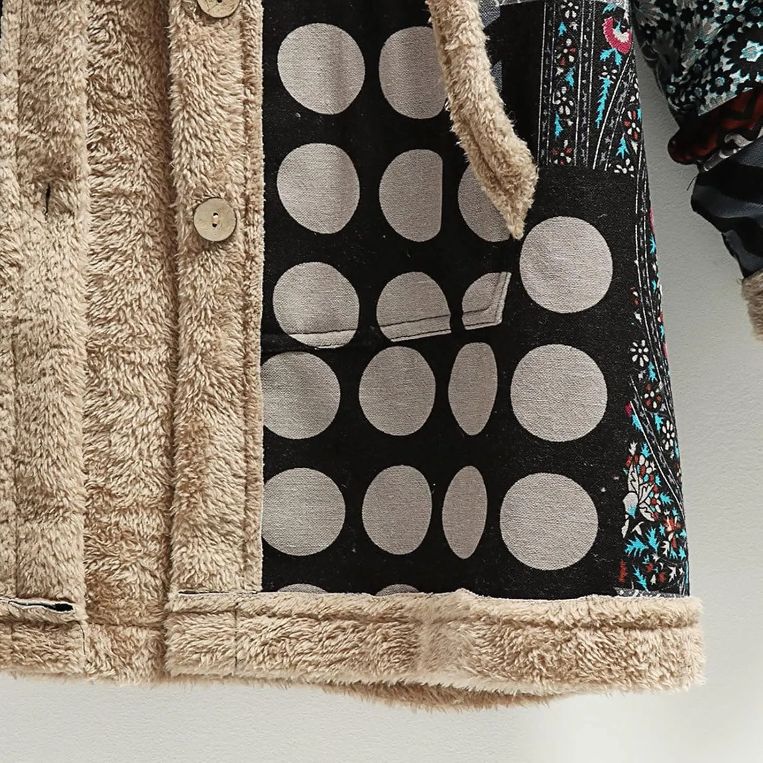 SACFOF Womens Cotton Linen Fluffy Jackets Coats Boho Flowers Floral Print Fleece Lined Hooded Warm Loose Winter Outwear