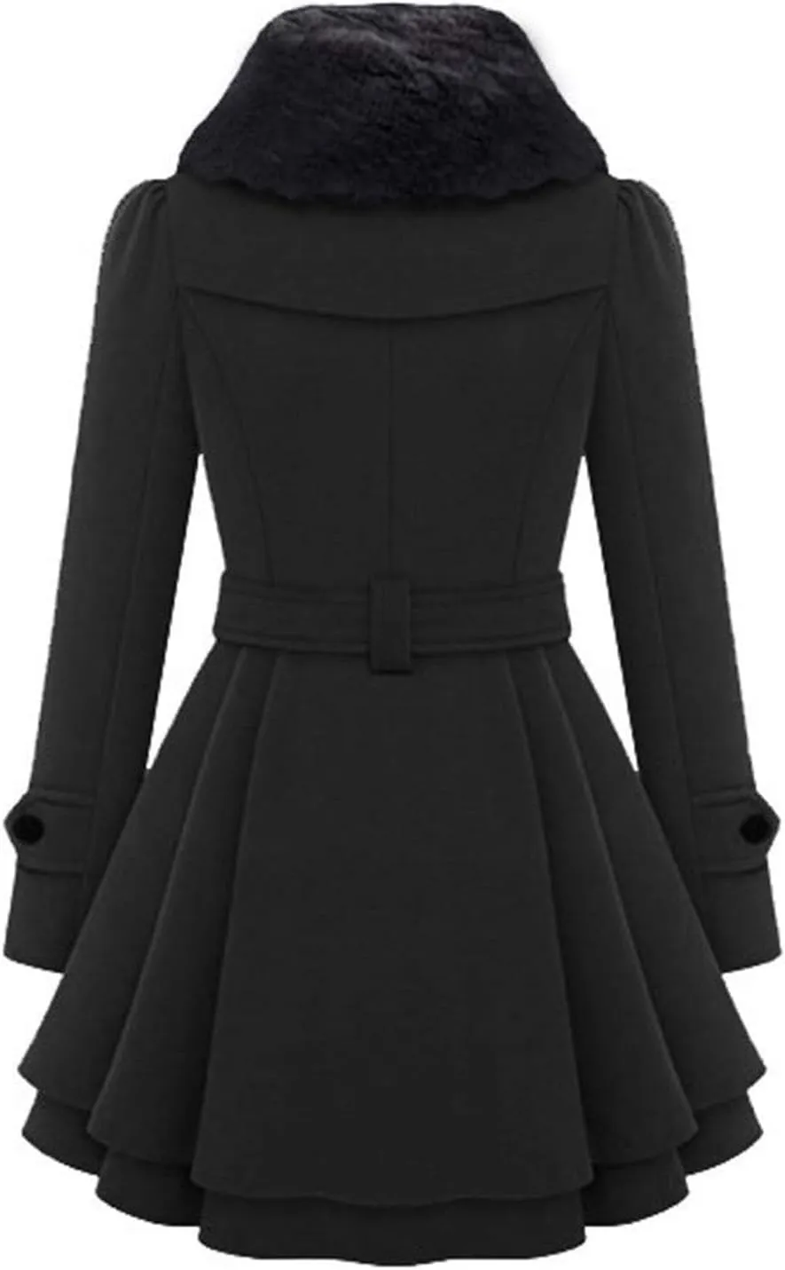 SACFOF Women's Faux Fur Lapel Double Breasted Thick Wool Trench Coat Winter Warm A-Line Dress Wool Blend Pea Coat Jackets