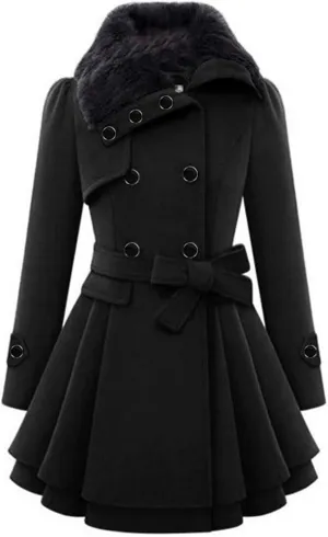 SACFOF Women's Faux Fur Lapel Double Breasted Thick Wool Trench Coat Winter Warm A-Line Dress Wool Blend Pea Coat Jackets