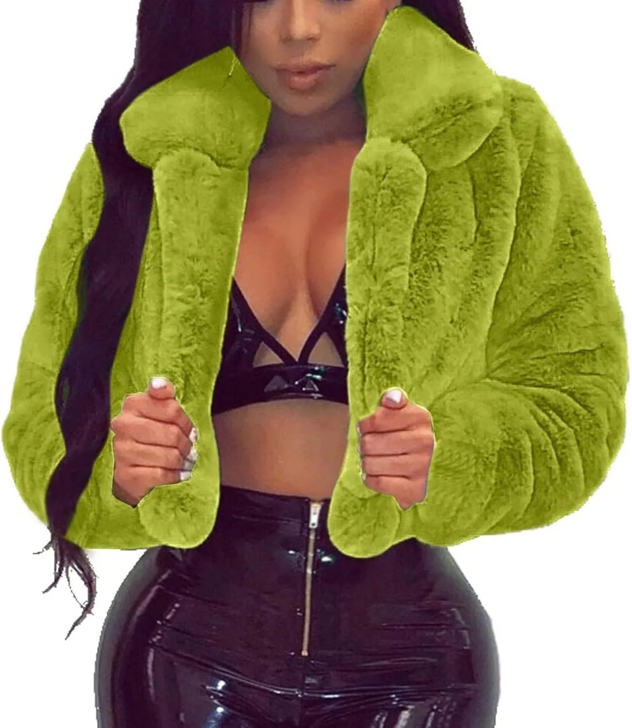 SACFOF Womens Solid Cropped Long Sleeve Shaggy Jacket Lapel Faux Fur Coat Warm Winter Fluffy Short Outwear