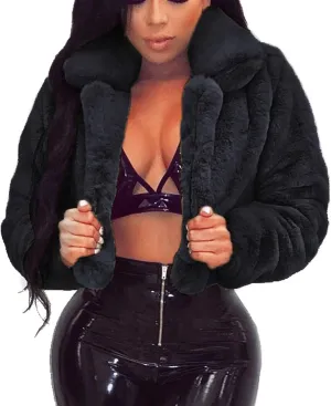 SACFOF Womens Solid Cropped Long Sleeve Shaggy Jacket Lapel Faux Fur Coat Warm Winter Fluffy Short Outwear