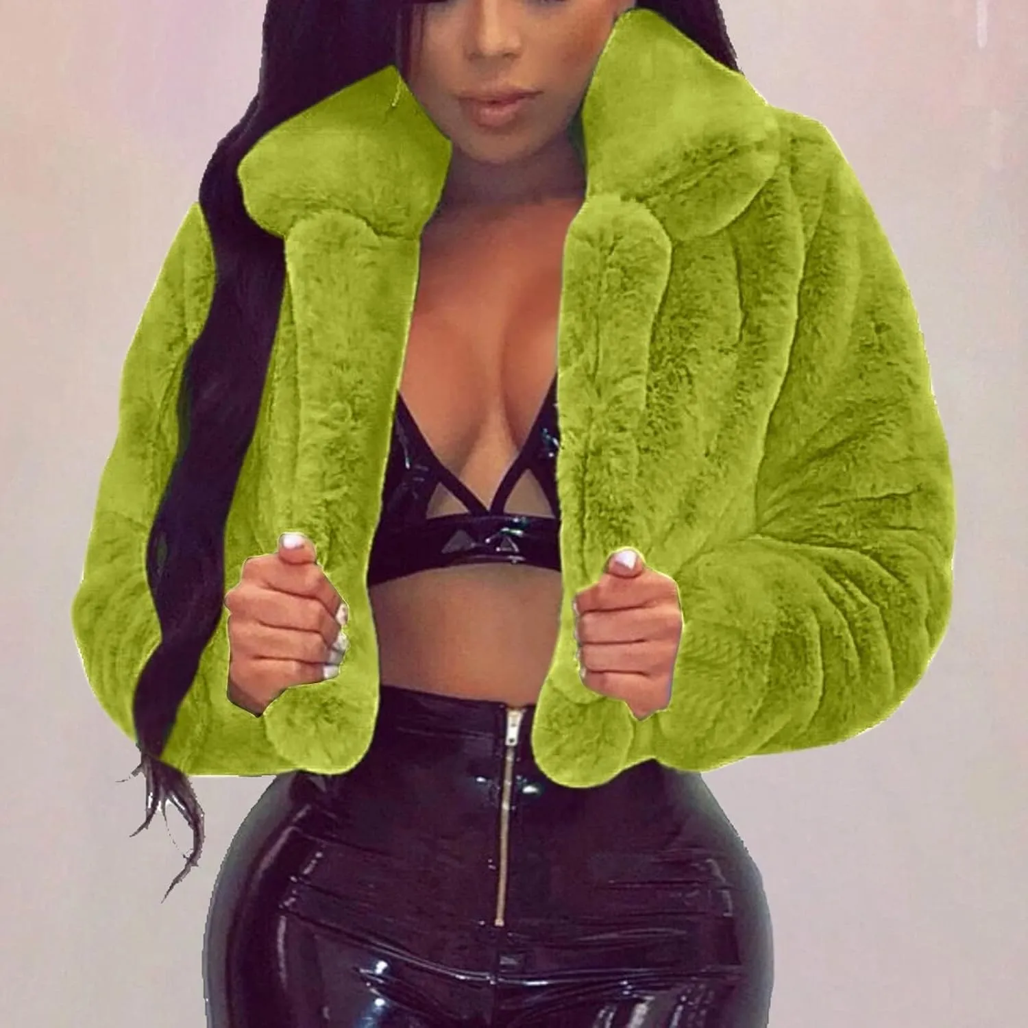 SACFOF Womens Solid Cropped Long Sleeve Shaggy Jacket Lapel Faux Fur Coat Warm Winter Fluffy Short Outwear