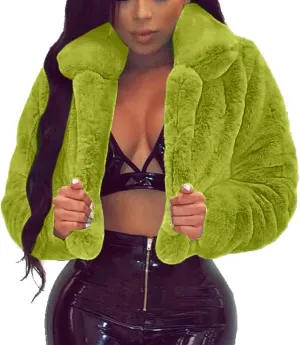 SACFOF Womens Solid Cropped Long Sleeve Shaggy Jacket Lapel Faux Fur Coat Warm Winter Fluffy Short Outwear