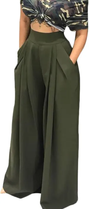SGASY Womens Palazzo Long Pants High Waist Wide Leg Stretchy Loose Fit Casual Trousers Holiday Flowy Pants with Pocket