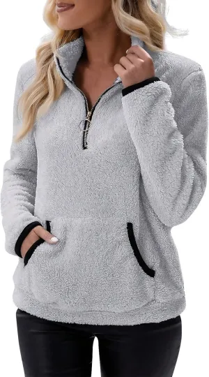 Sherpa 1/4 Zip Pullover Women Fleece Quarter Zip Sweatshirts Lightweight Casual Fluffy Sweaters Fall Winter Clothes