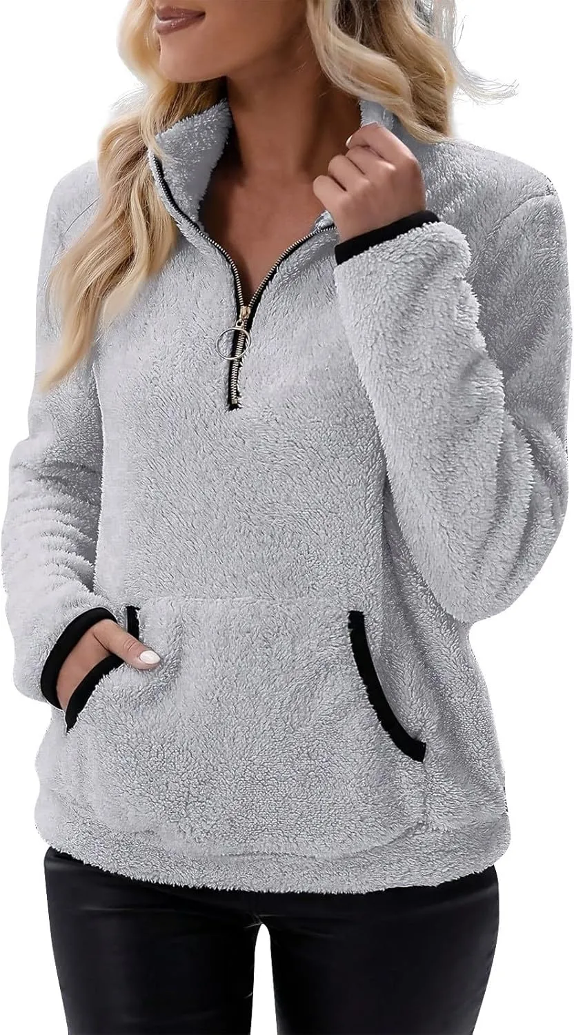 Sherpa 1/4 Zip Pullover Women Fleece Quarter Zip Sweatshirts Lightweight Casual Fluffy Sweaters Fall Winter Clothes