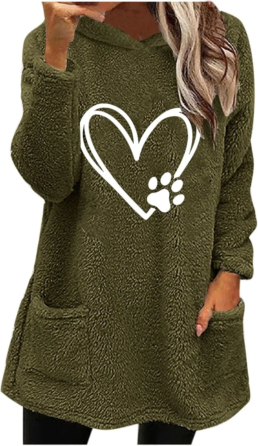 Sherpa Hoodie for Women Fleece Pullover Sweater Oversized Graphic Sweatshirt with Pockets Warm Winter Clothes