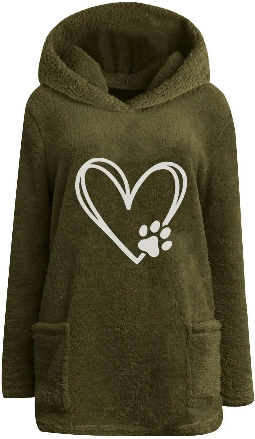 Sherpa Hoodie for Women Fleece Pullover Sweater Oversized Graphic Sweatshirt with Pockets Warm Winter Clothes