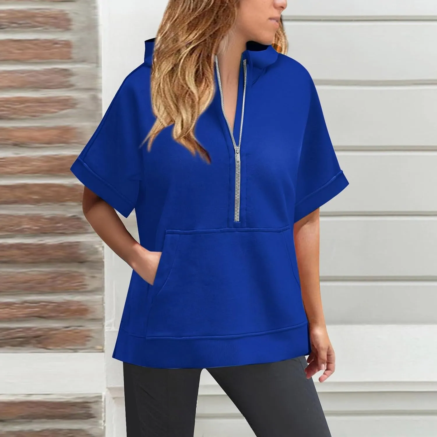 Short Sleeve Hoodies for Women Oversized Half Zip Hoodies Casual Loose Solid Sweatshirts Pullover Tops with Pockets