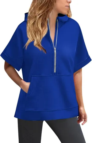 Short Sleeve Hoodies for Women Oversized Half Zip Hoodies Casual Loose Solid Sweatshirts Pullover Tops with Pockets