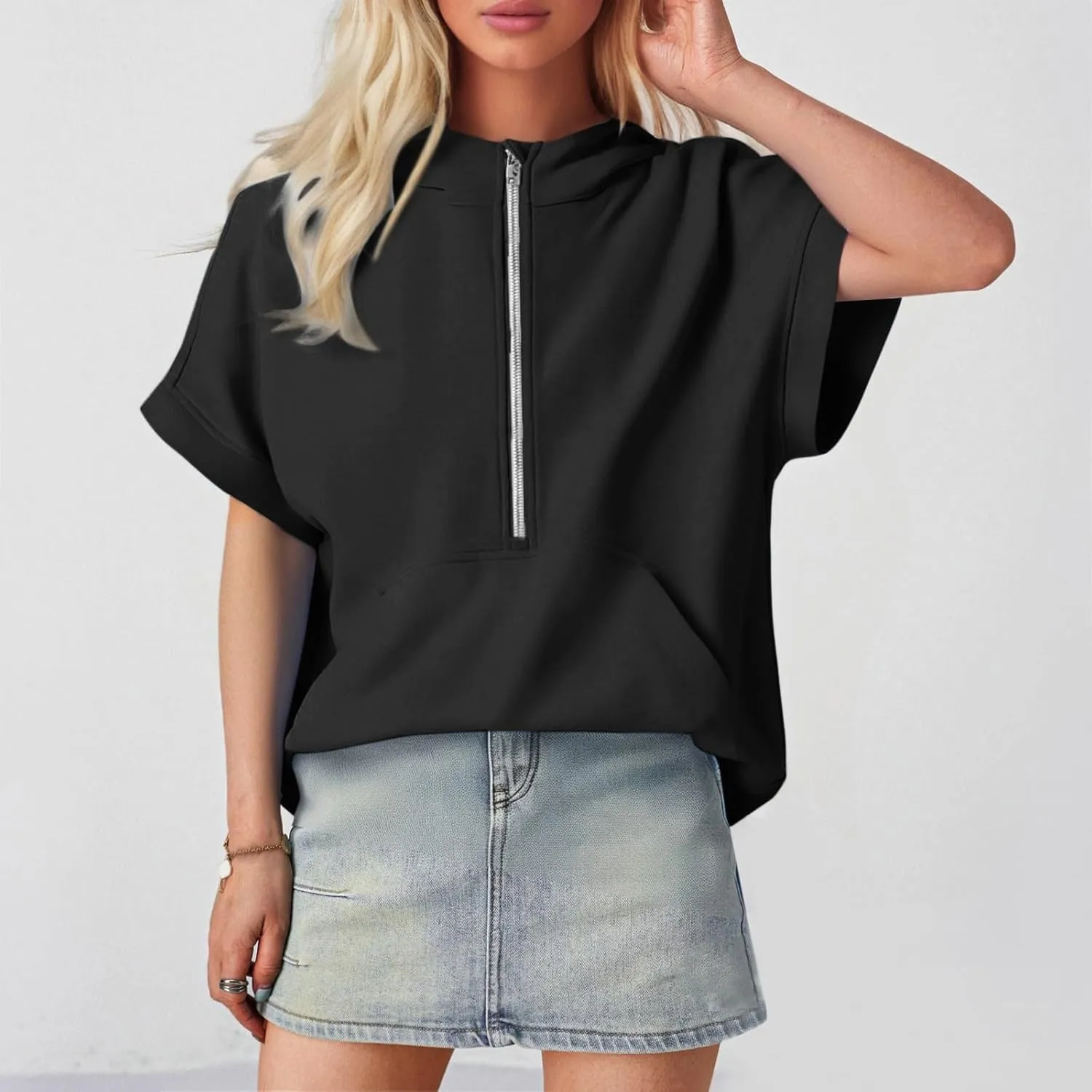 Short Sleeve Hoodies for Women Oversized Half Zip Hoodies Casual Loose Solid Sweatshirts Pullover Tops with Pockets