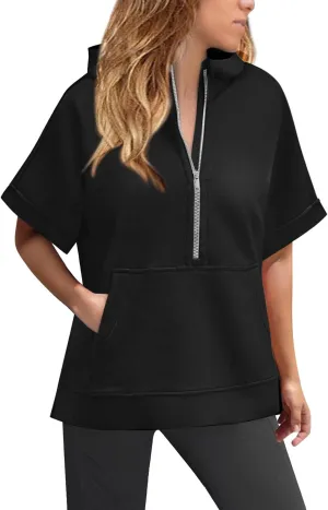 Short Sleeve Hoodies for Women Oversized Half Zip Hoodies Casual Loose Solid Sweatshirts Pullover Tops with Pockets