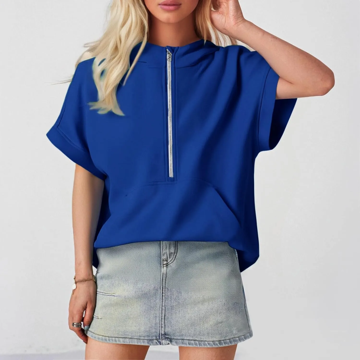 Short Sleeve Hoodies for Women Oversized Half Zip Hoodies Casual Loose Solid Sweatshirts Pullover Tops with Pockets