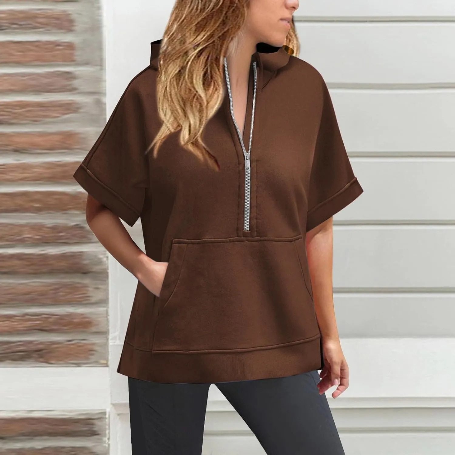 Short Sleeve Hoodies for Women Oversized Half Zip Hoodies Casual Loose Solid Sweatshirts Pullover Tops with Pockets