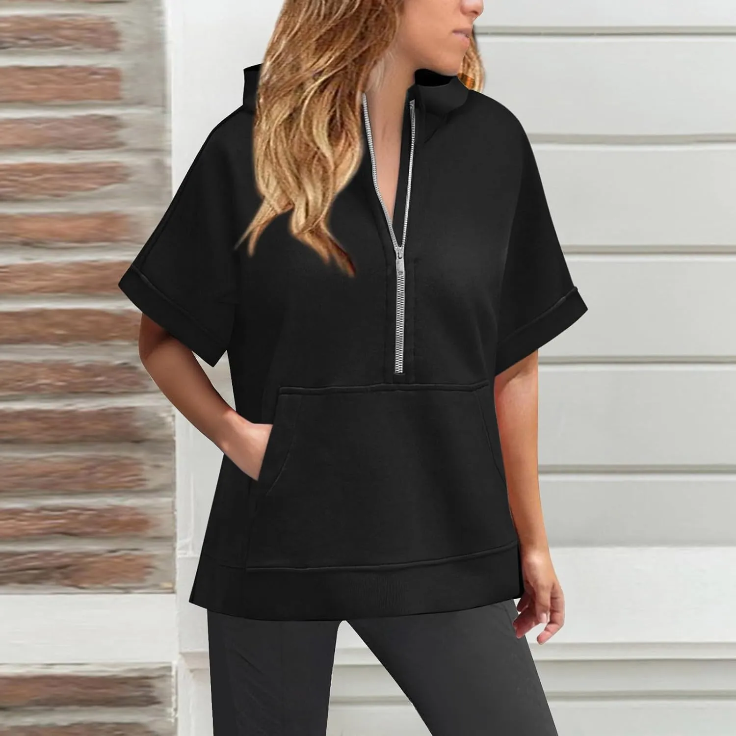 Short Sleeve Hoodies for Women Oversized Half Zip Hoodies Casual Loose Solid Sweatshirts Pullover Tops with Pockets