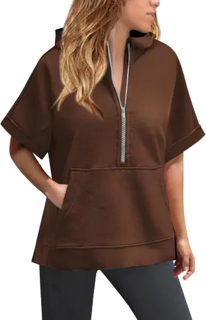 Short Sleeve Hoodies for Women Oversized Half Zip Hoodies Casual Loose Solid Sweatshirts Pullover Tops with Pockets