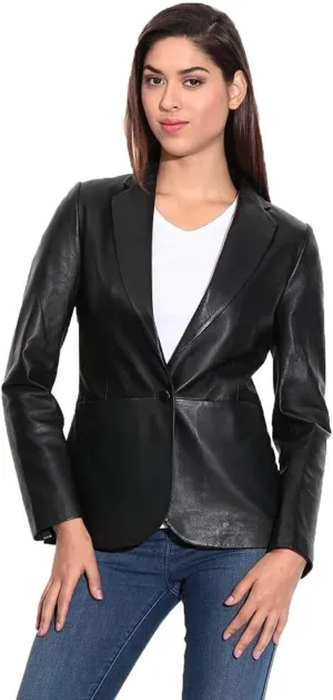 SID Genuine Lambskin Leather Black Womens Single Button Blazer with Full Sleeves Suit Style for Office Wear
