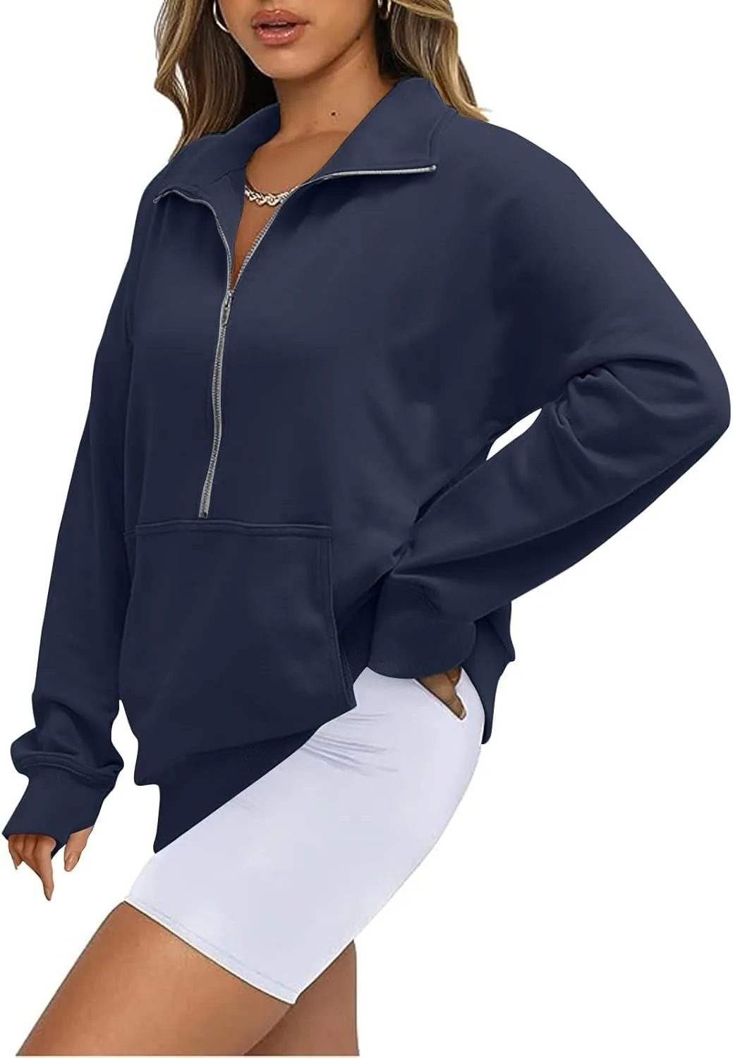 slqdgmryz Half Zip Pullover Women Cropped Fleece Oversized Sweatshirt Cute Pocket 1/2 Zipped Y2k Hoodie with Thumb Holes