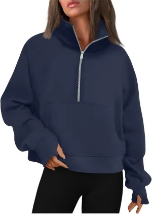 slqdgmryz Half Zip Pullover Women Cropped Fleece Oversized Sweatshirt Cute Pocket 1/2 Zipped Y2k Hoodie with Thumb Holes